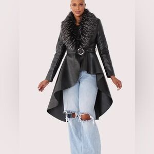 Black Faux Leather Jacket with Fur Collar